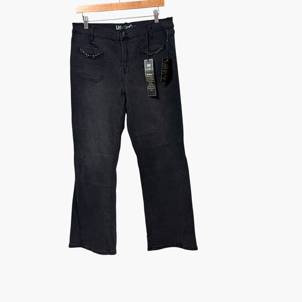 DG2 Diane Gilman Women 16P Black Faded Flare Jeans Chain Detail Stretch Denim